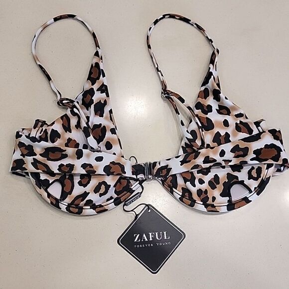 Zaful Leopard Print White Brown Black Swimsuit Bikini Top - Medium Size 6 - Picture 2 of 12